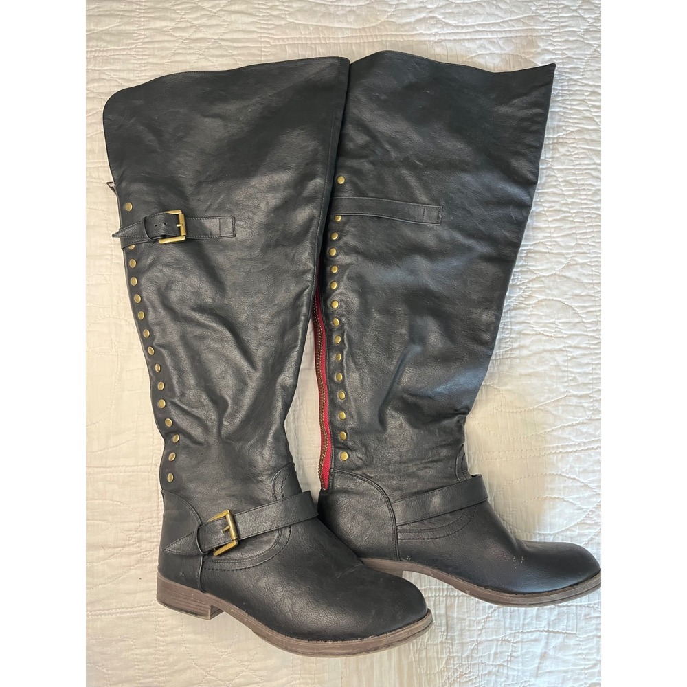 Black Over The Knee Boots Red Back Zipper Studded Buckle Moto Tall Boots Women10